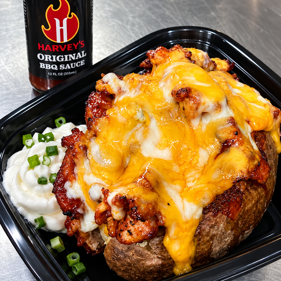 Loaded baked potato topped with barbecue chicken, melted cheddar cheese, sour cream, and green onions beside Harvey’s Original BBQ Sauce.