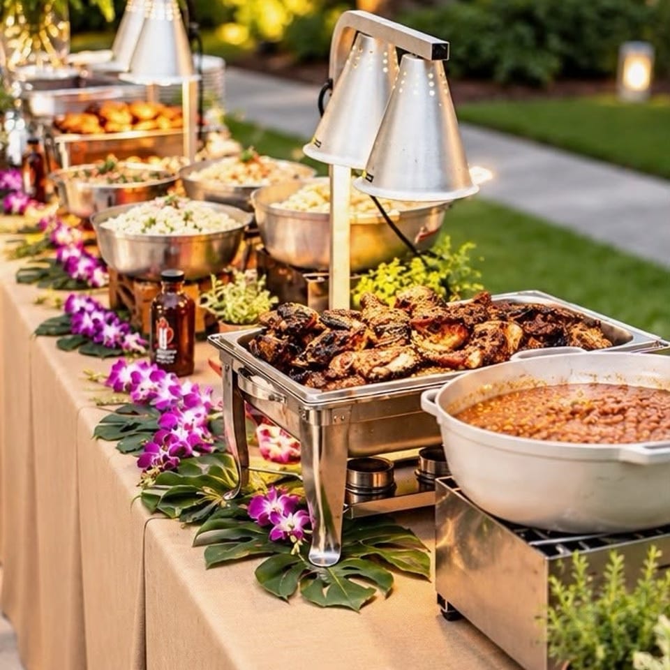 Outdoor buffet table with chafing dishes, grilled meats, beans, salads, flowers, and warming lamps beside a garden walkway.