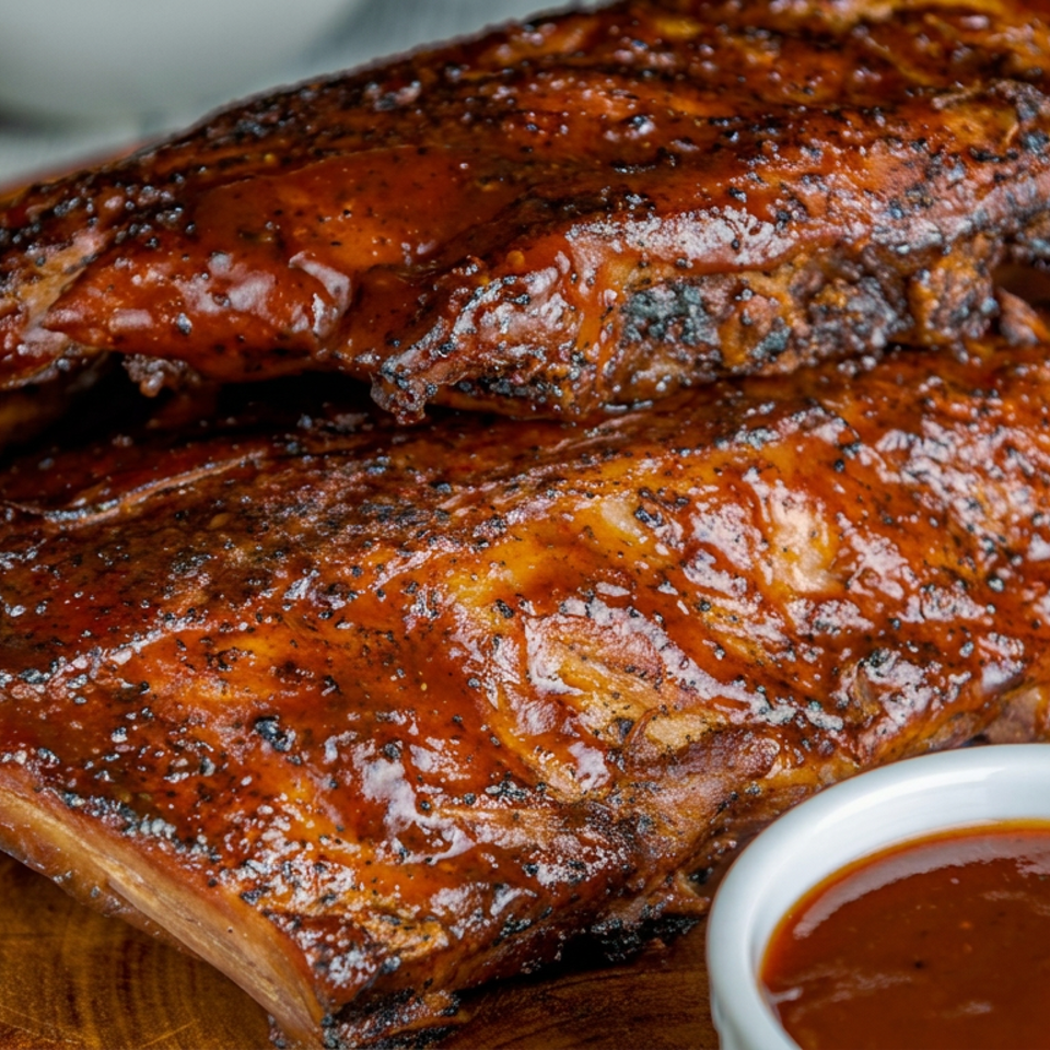 Glazed barbecue ribs stacked on a wooden cutting board with dipping sauce and a bowl of side dish.